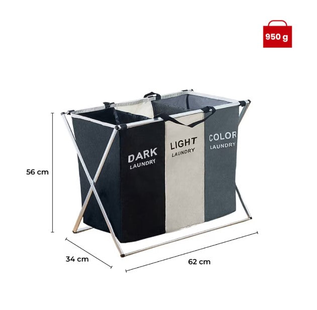 Coș de rufe cu 3 compartimente și cadru din aluminiu, 62 × 34 × 56 cm