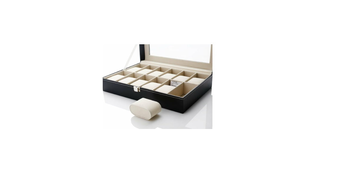 Casetă pentru 12 ceasuri cu exterior negru și interior protejat