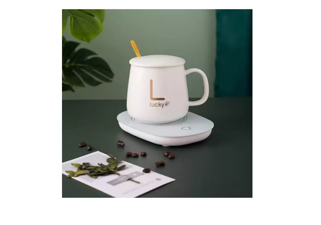 Set cană ceramică cu încălzire USB, 350 ml, scris auriu „Lucky”