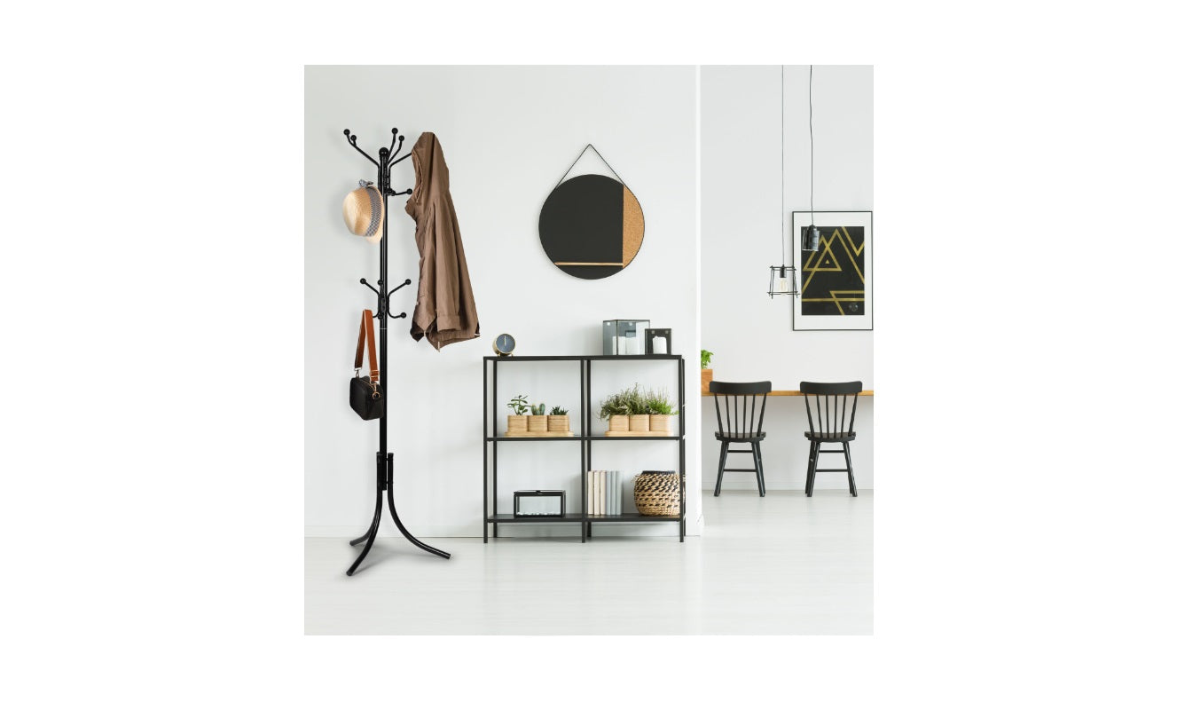 Cuier metalic negru înalt 184 cm cu 16 cârlige