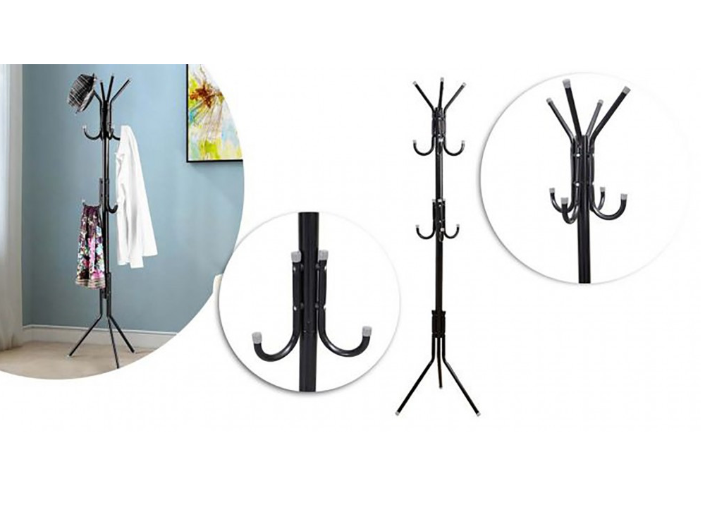 Cuier metalic negru înalt 184 cm cu 16 cârlige