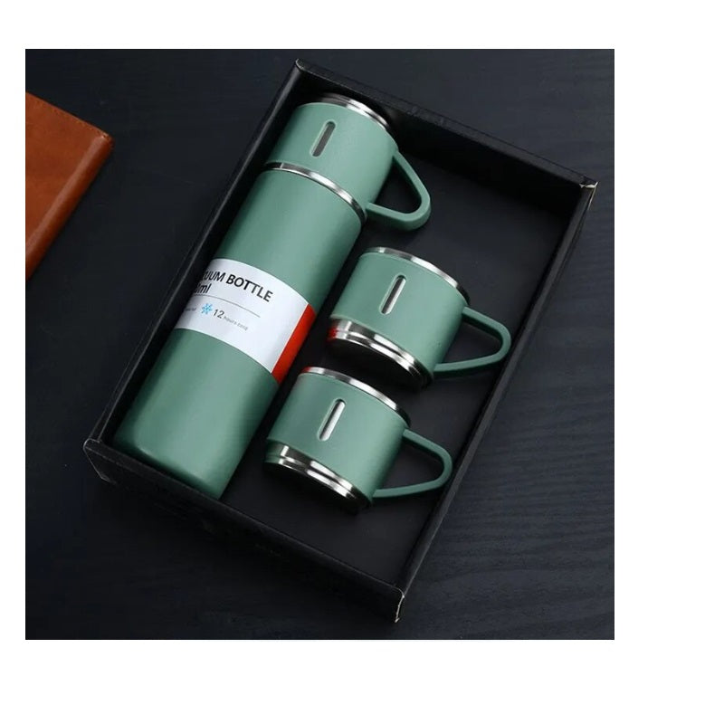 Termos inox 500 ml cu 2 căni — set 3 piese pentru băuturi calde sau reci