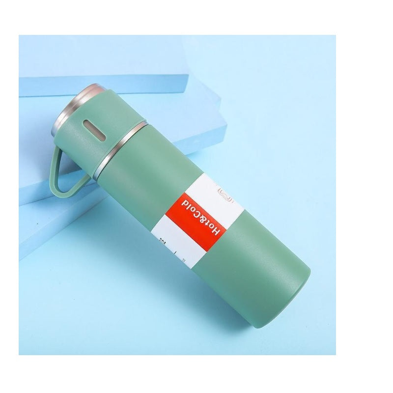 Termos inox 500 ml cu 2 căni — set 3 piese pentru băuturi calde sau reci