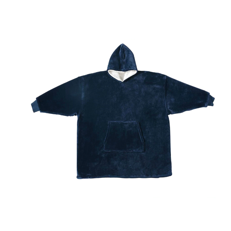 Pătură-hanorac 2 în 1 fleece, reversibilă, cu glugă și maneci – albastră