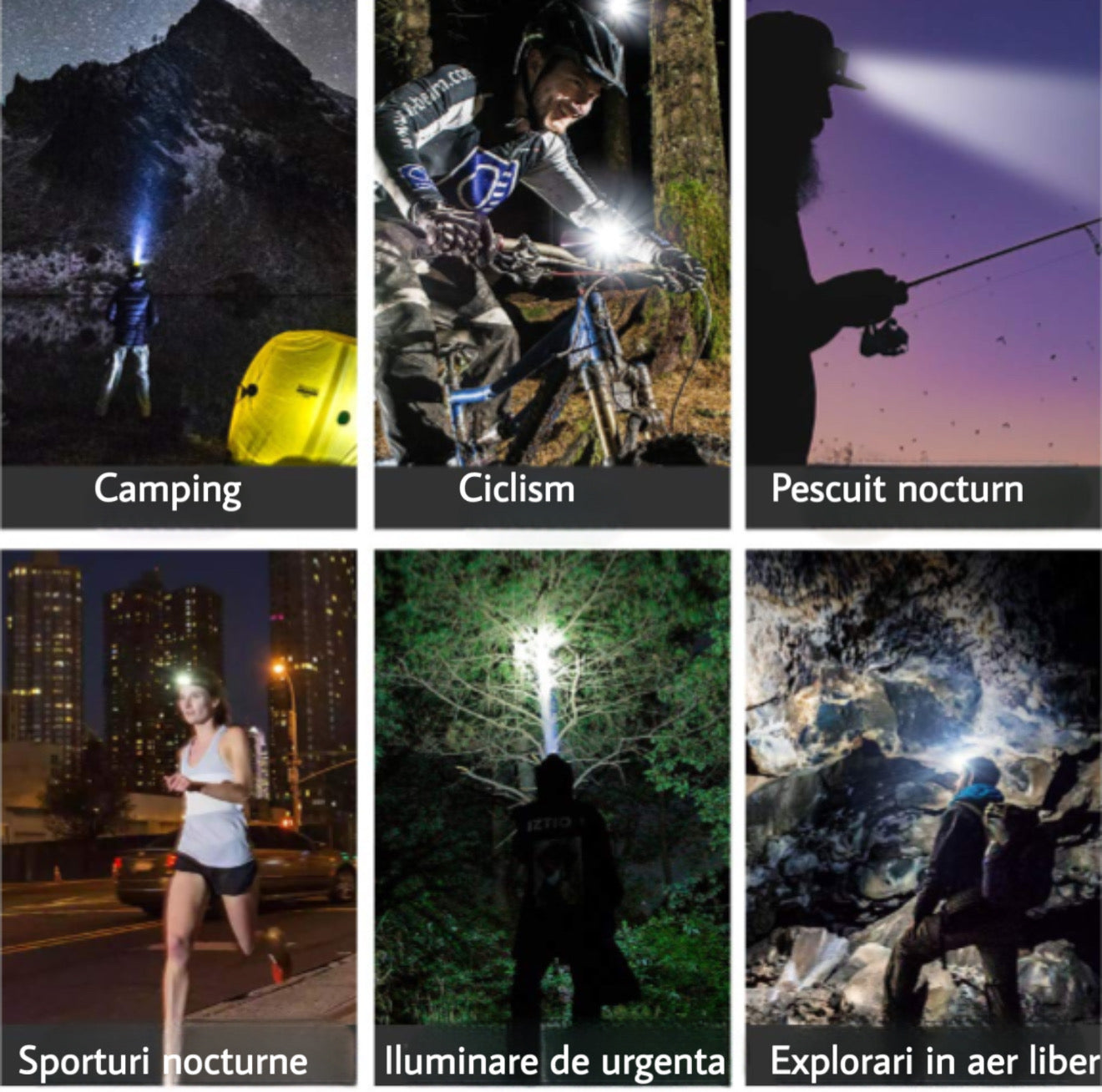 Lanternă frontală 13.000 lm cu 8 LED-uri și far roșu — iluminare completă