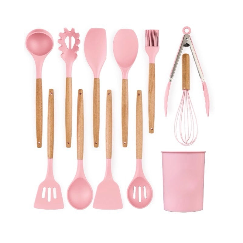 Set 12 ustensile de bucătărie din silicon cu mânere de lemn