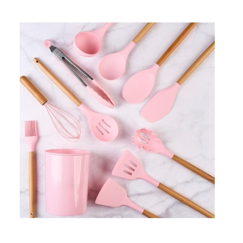Set 12 ustensile de bucătărie din silicon cu mânere de lemn