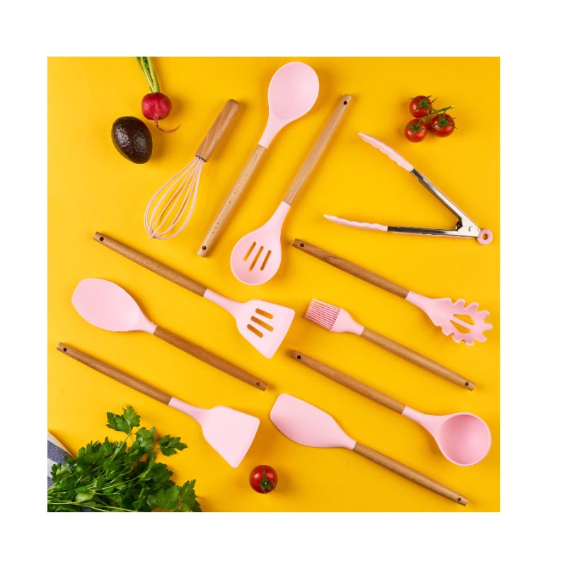 Set 12 ustensile de bucătărie din silicon cu mânere de lemn
