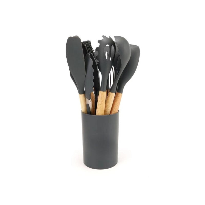 Set 12 ustensile de bucătărie din silicon cu mâner din lemn – gri