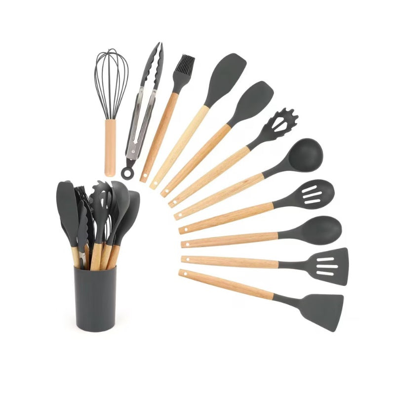 Set 12 ustensile de bucătărie din silicon cu mâner din lemn – gri
