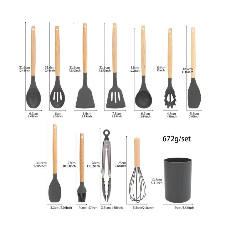 Set 12 ustensile de bucătărie din silicon cu mâner din lemn – gri