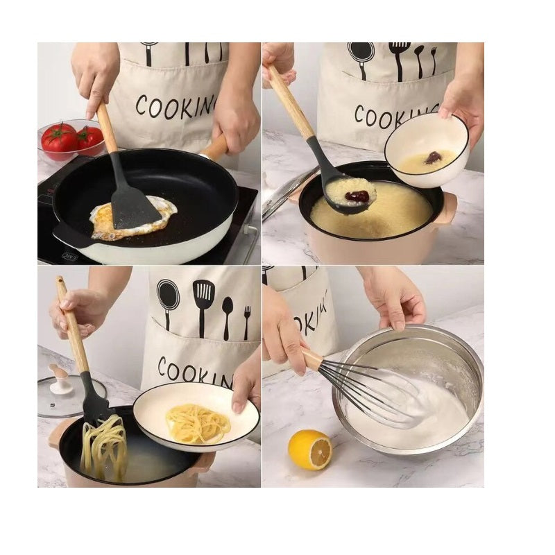 Set 12 ustensile de bucătărie din silicon cu mâner din lemn – gri
