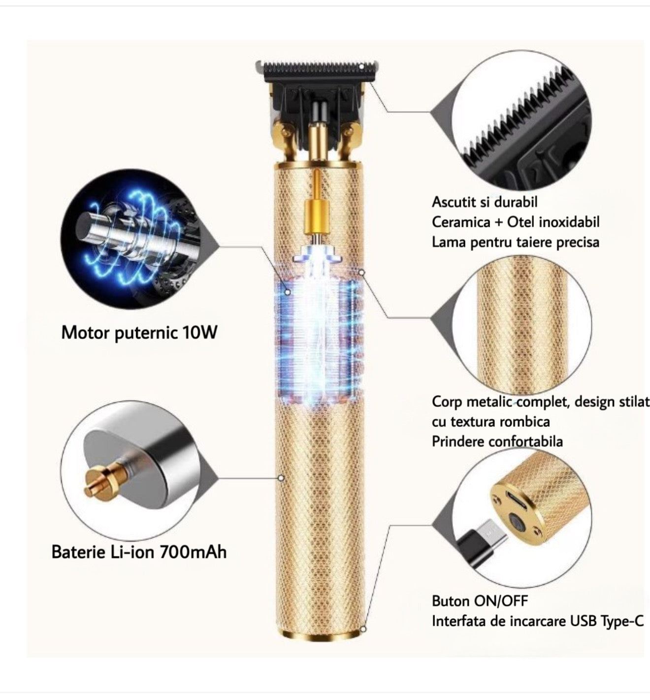 Trimmer profesional fără fir pentru barbă și contur – lame inox, încărcare USB