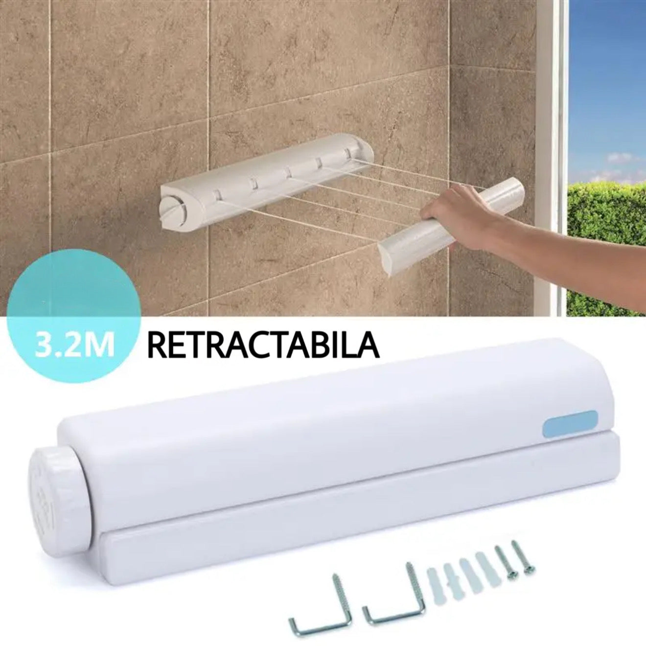 Uscător rufe retractabil pe perete – 4 funii x 3,2 m, alb