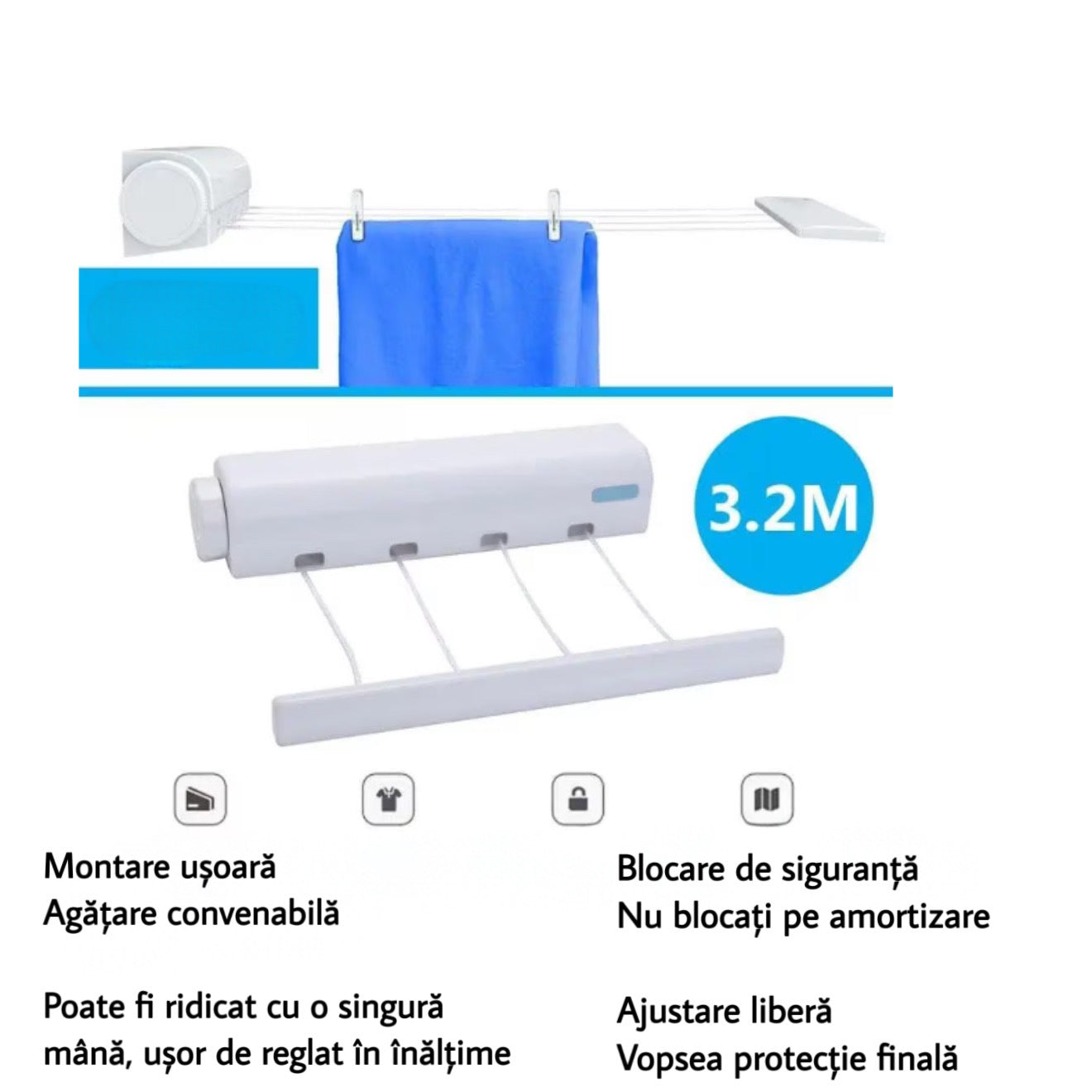 Uscător rufe retractabil pe perete – 4 funii x 3,2 m, alb