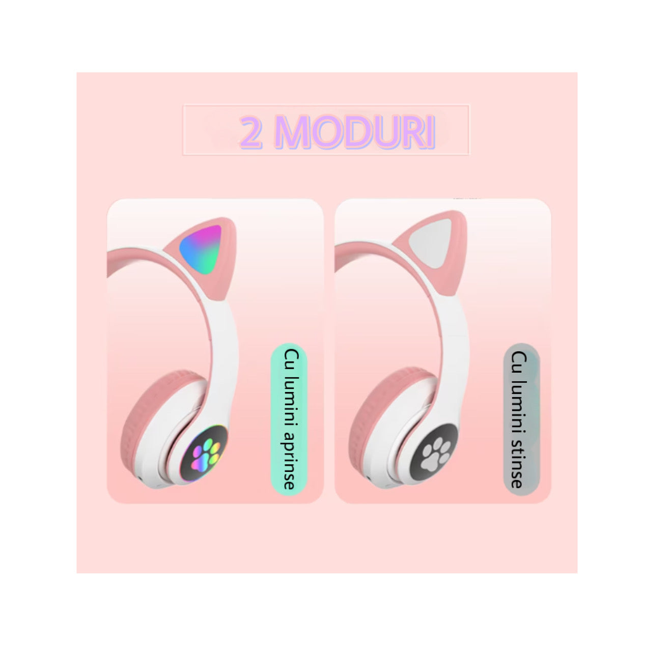 Casti wireless pliabile cu urechi de pisica – Bluetooth 5.0, roz/alb