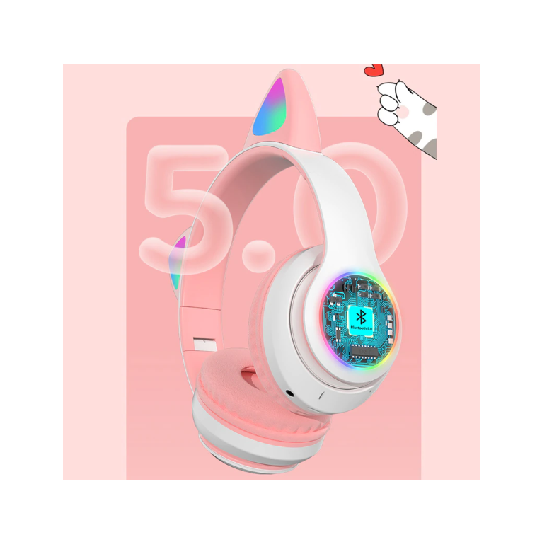 Casti wireless pliabile cu urechi de pisica – Bluetooth 5.0, roz/alb