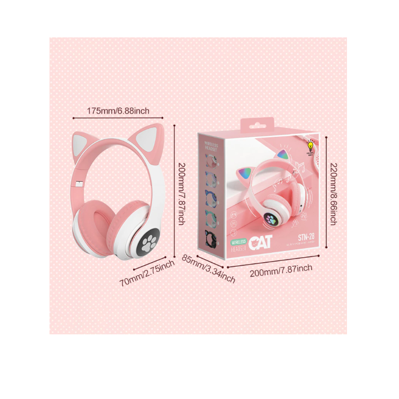 Casti wireless pliabile cu urechi de pisica – Bluetooth 5.0, roz/alb