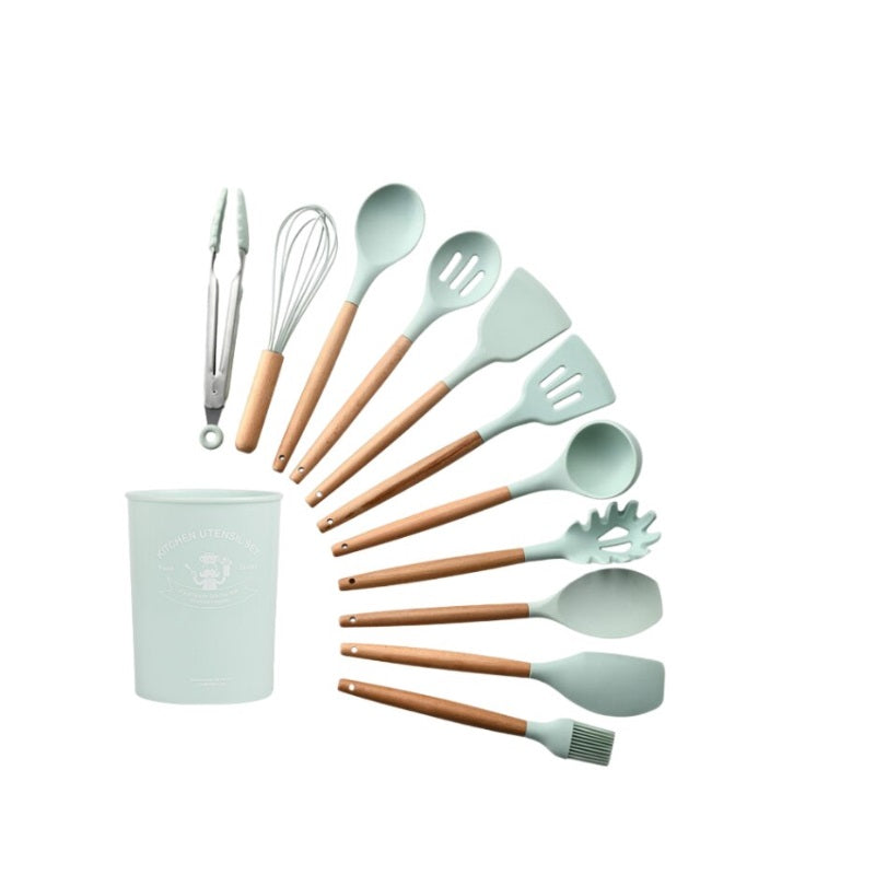 Set ustensile de bucătărie 12 piese, silicon termorezistent cu mânere din lemn – verde