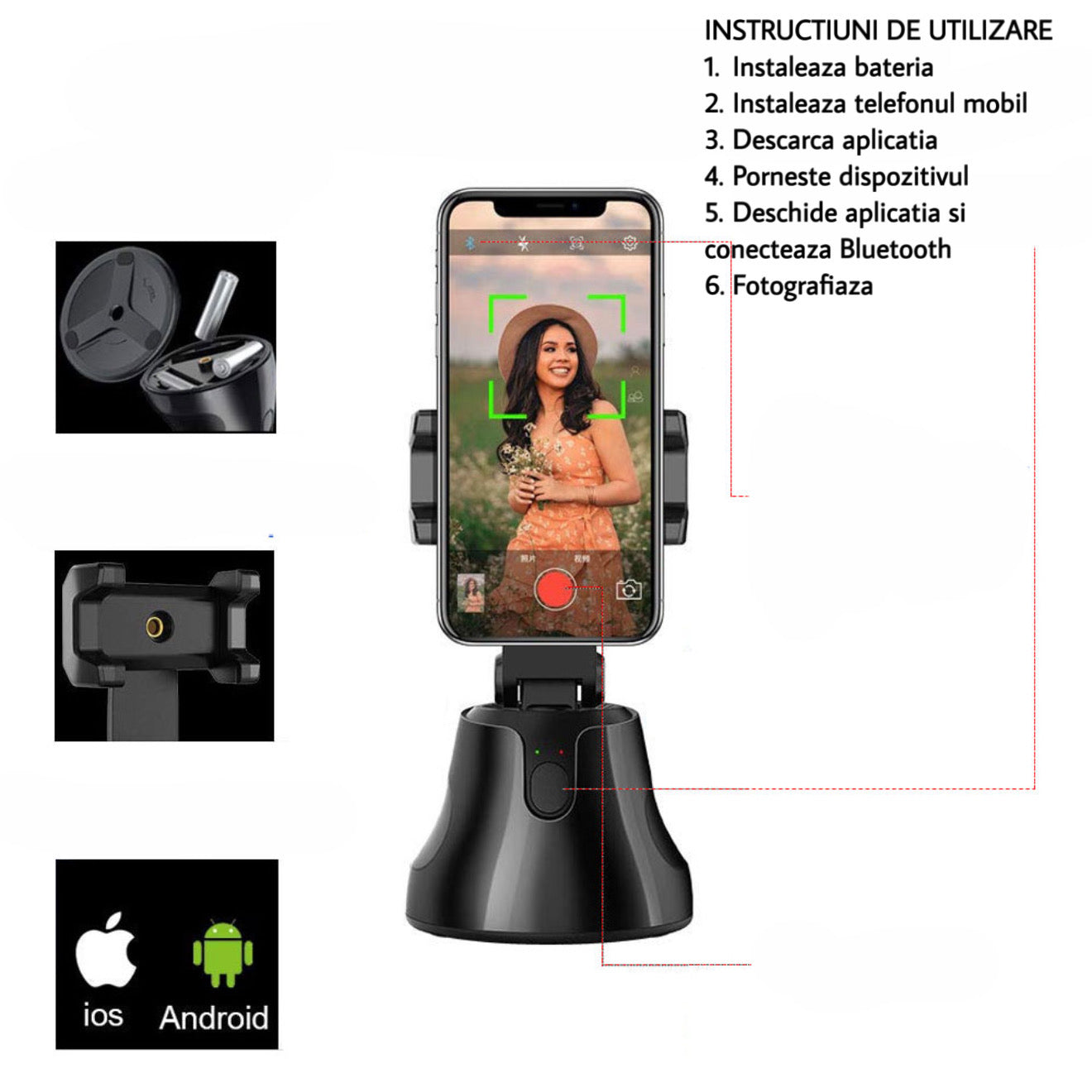 Suport autoportret inteligent pentru telefon – urmărire automată și rotație 360°