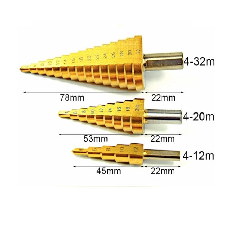 Set 3 Burghie Titanizate în Trepte pentru Metal – 4–32 mm