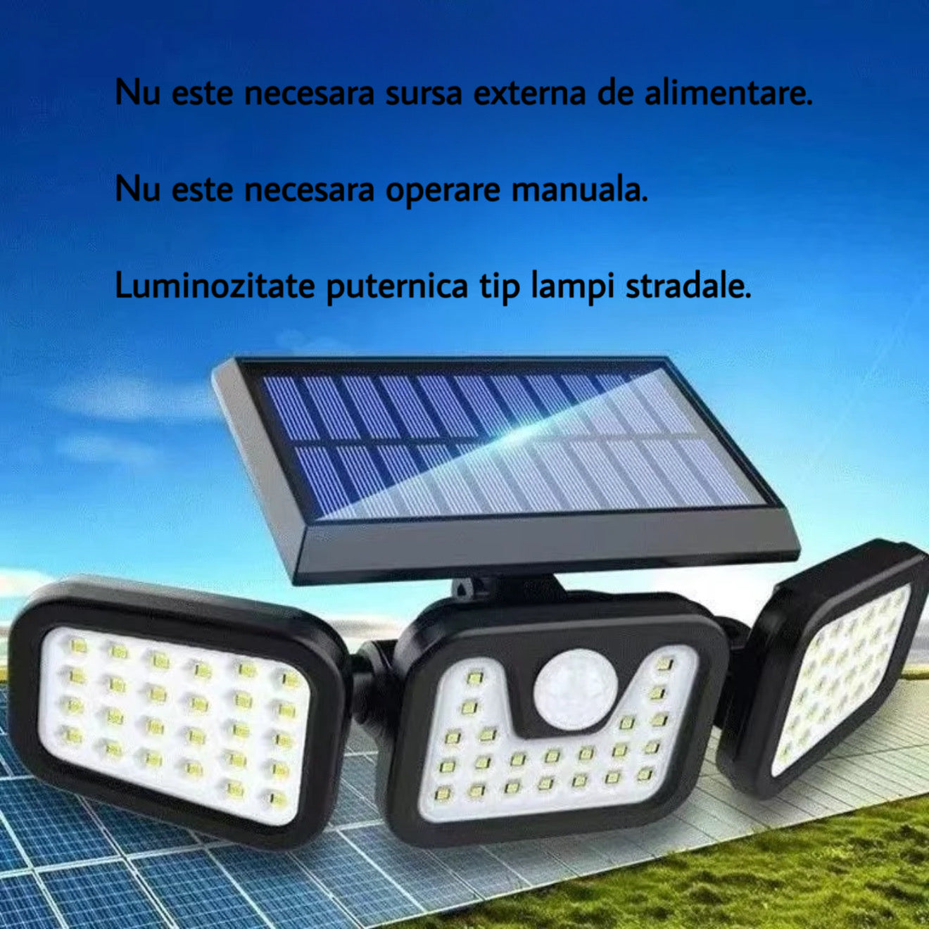 Lampă LED solară exterioară cu 3 spoturi reglabile – 74 LED &amp; moduri senzori
