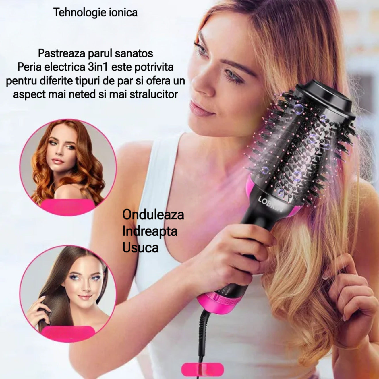 Perie electrică fixă 3-în-1 1000 W – uscare, volum şi îndreptare