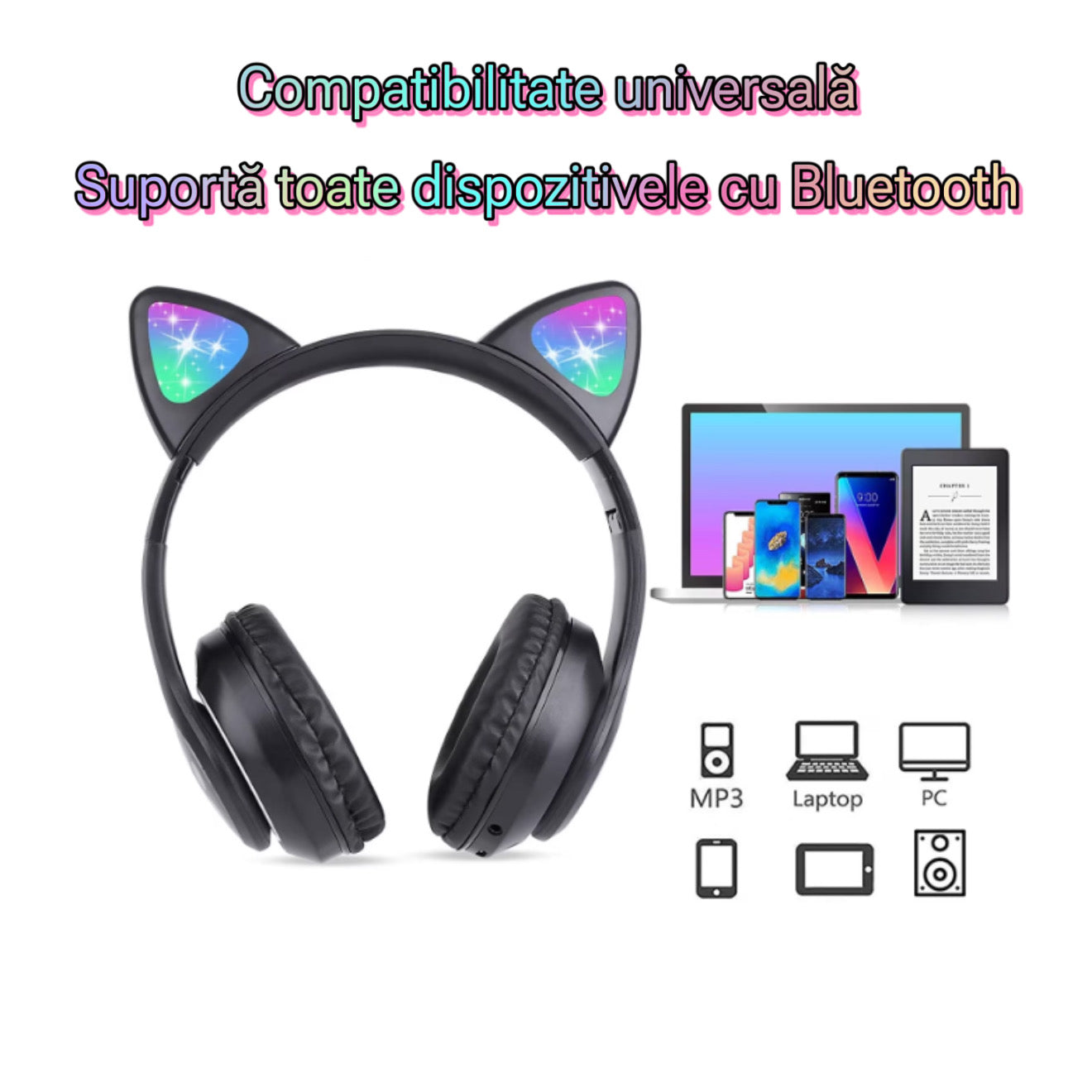 Căști fără fir pliabile cu urechi de pisică – culoare neagră