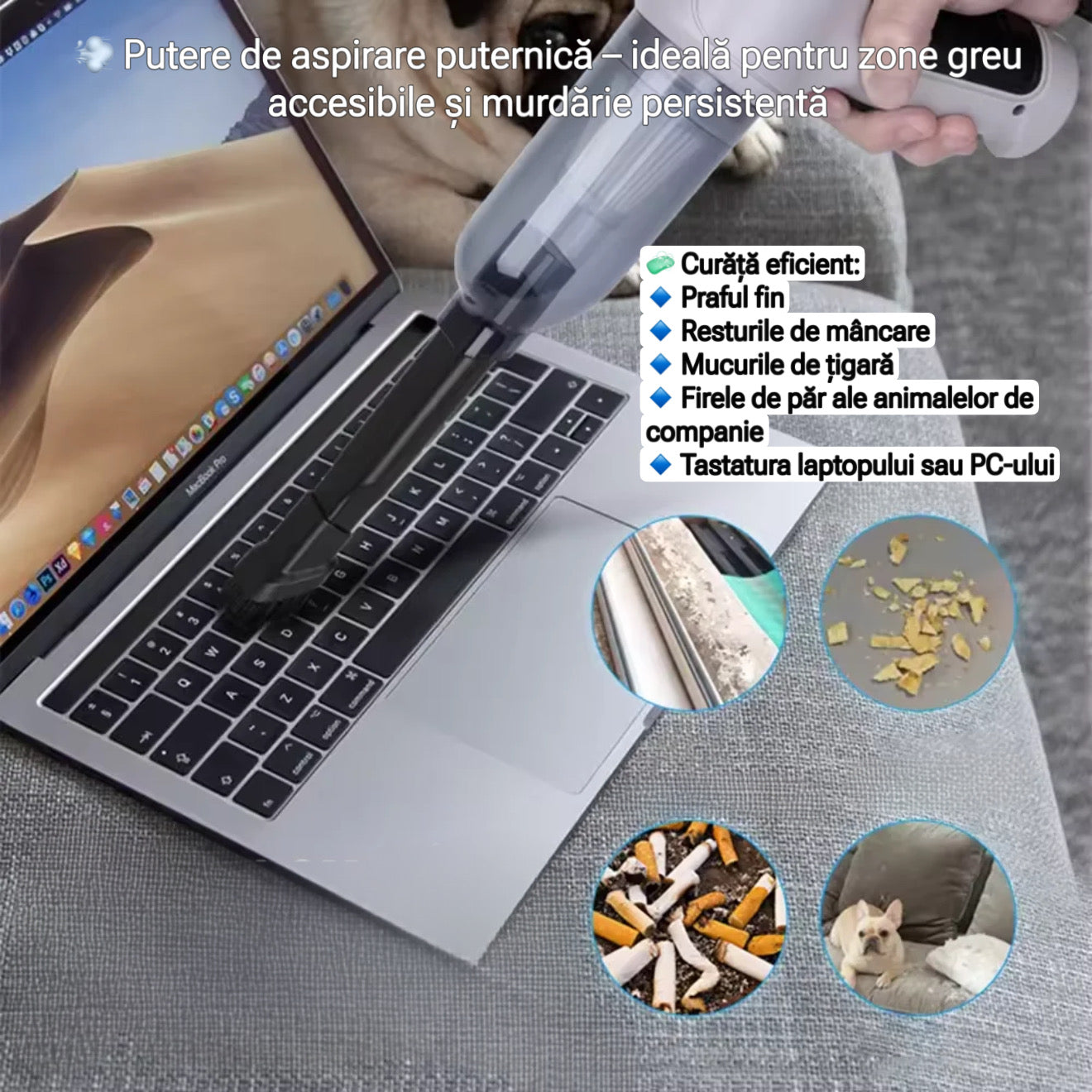 Aspirator auto fără fir – 9000 Pa, aspirare umedă și uscată, autonomie 30 min, gri