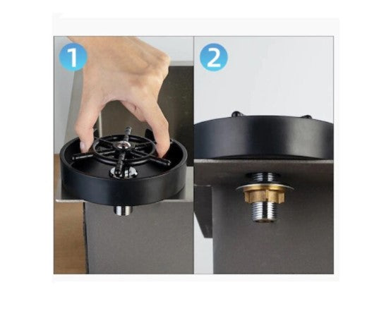 Dispozitiv pentru spălare pahare cu clătire sub jet de presiune – montaj pe chiuvetă, 14 x 13 x 2,8 cm, negru