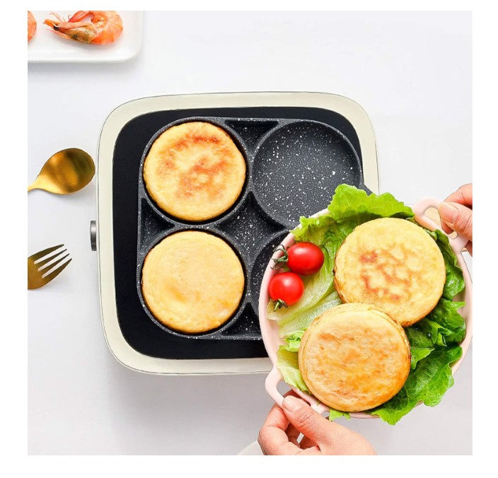 Tigaie cu patru compartimente rotunde, model piatră 32 cm, gri – prăjit simultan ouă și burgeri