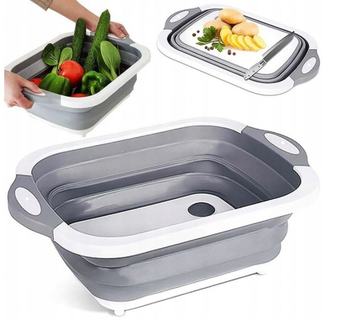 Tocator multifuncțional pliabil cu dop de scurgere – recipient pentru bucătărie, camping și picnic