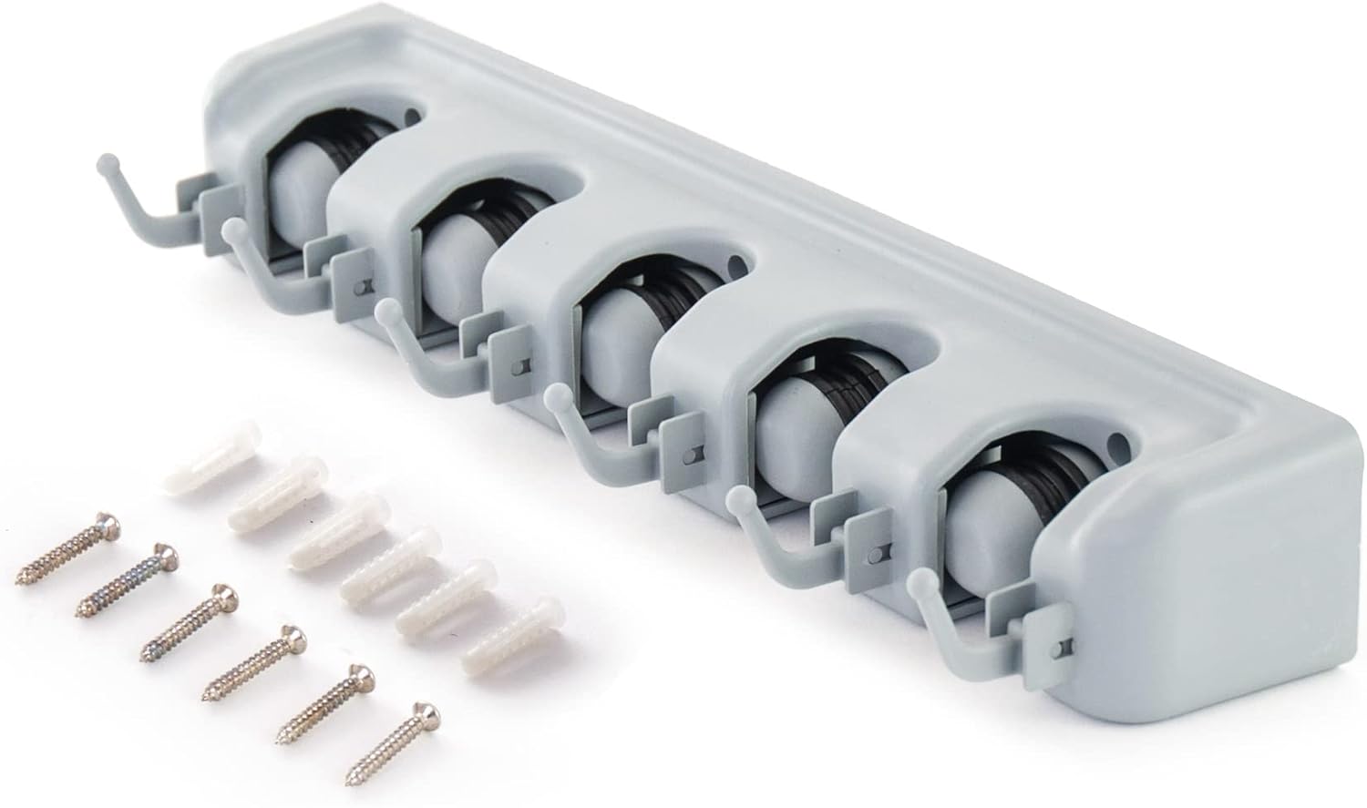 Suport pentru mături și mopuri din plastic gri – organizator perete cu 5 manere automate și 6 umerașe pliabile