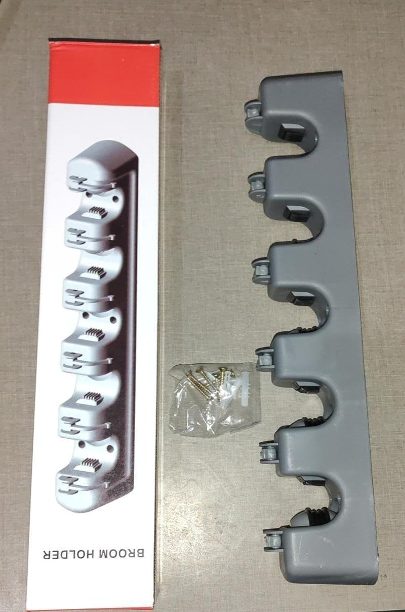 Suport pentru mături și mopuri din plastic gri – organizator perete cu 5 manere automate și 6 umerașe pliabile