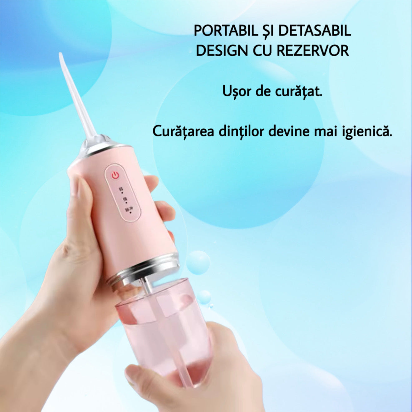 Irigator oral profesional portabil cu 4 capete și acumulator de 1400mAh – roz