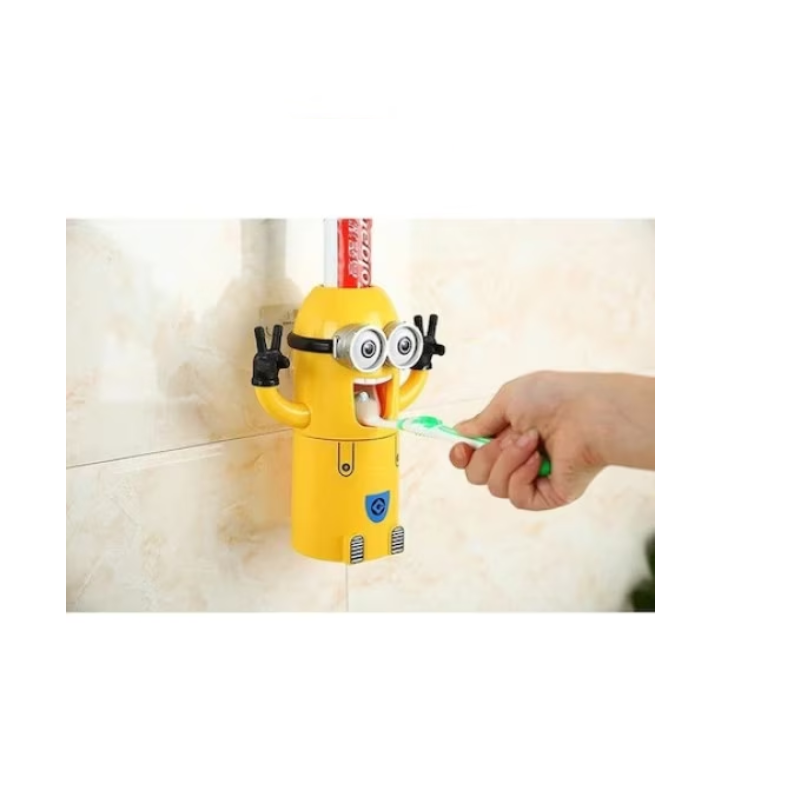 Dispenser de pastă de dinți cu suport pentru 2 periute – galben, 7.8×18.8 cm