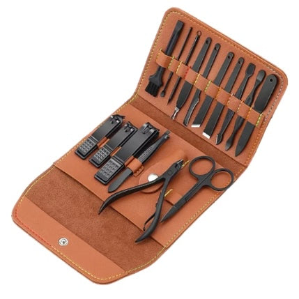 Set 16 piese manichiură/pedichiură – oțel inoxidabil, geantă piele ecologică negru mat