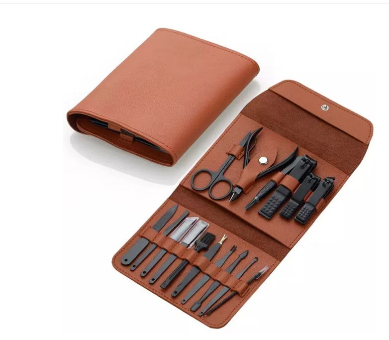 Set 16 piese manichiură/pedichiură – oțel inoxidabil, geantă piele ecologică negru mat