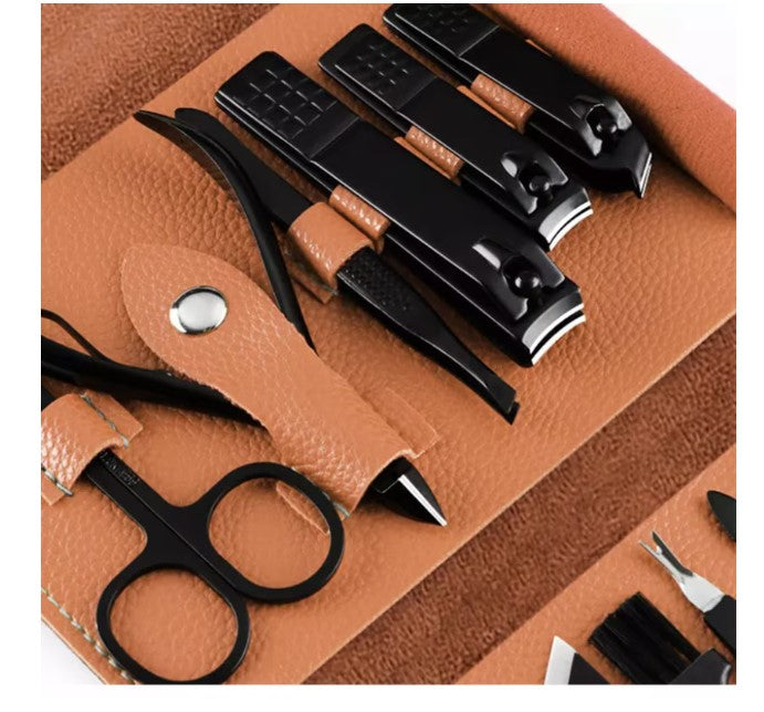Set 16 piese manichiură/pedichiură – oțel inoxidabil, geantă piele ecologică negru mat