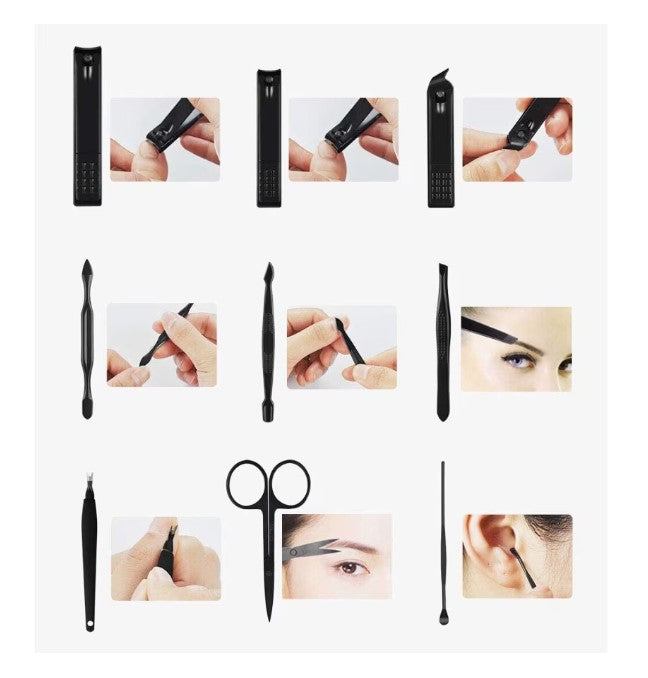 Set 16 piese manichiură/pedichiură – oțel inoxidabil, geantă piele ecologică negru mat