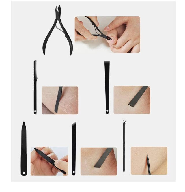 Set 16 piese manichiură/pedichiură – oțel inoxidabil, geantă piele ecologică negru mat