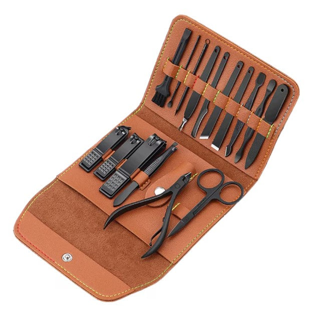 Set 16 piese manichiură/pedichiură – oțel inoxidabil, geantă piele ecologică negru mat