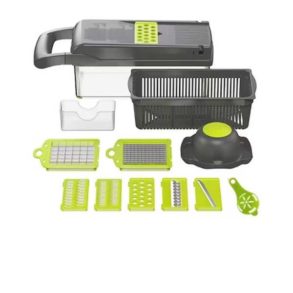 Feliator multifuncțional 14-în-1 gri/verde – feliere, răzuire, tocare și recipient ermetic