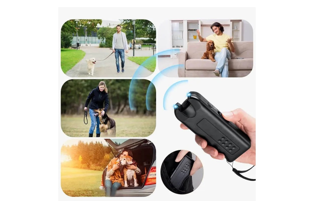 Dispozitiv portabil cu ultrasunete pentru dresajul câinilor – rază 10 m, cu lanternă LED