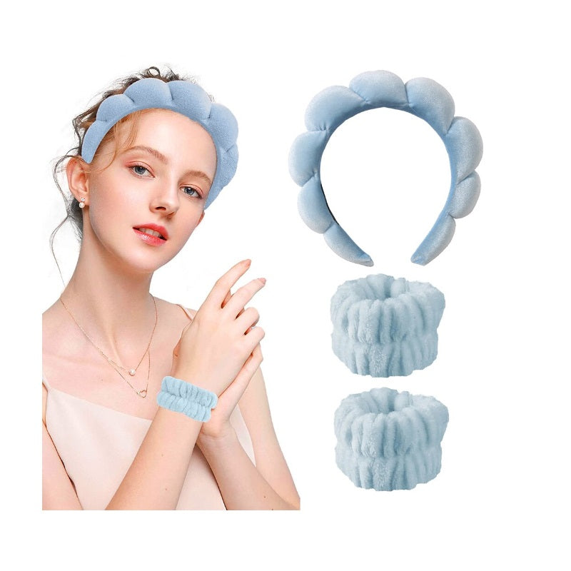 Set 3 accesorii de îngrijire – bentită cu burete și 2 brățări pentru față, albastru