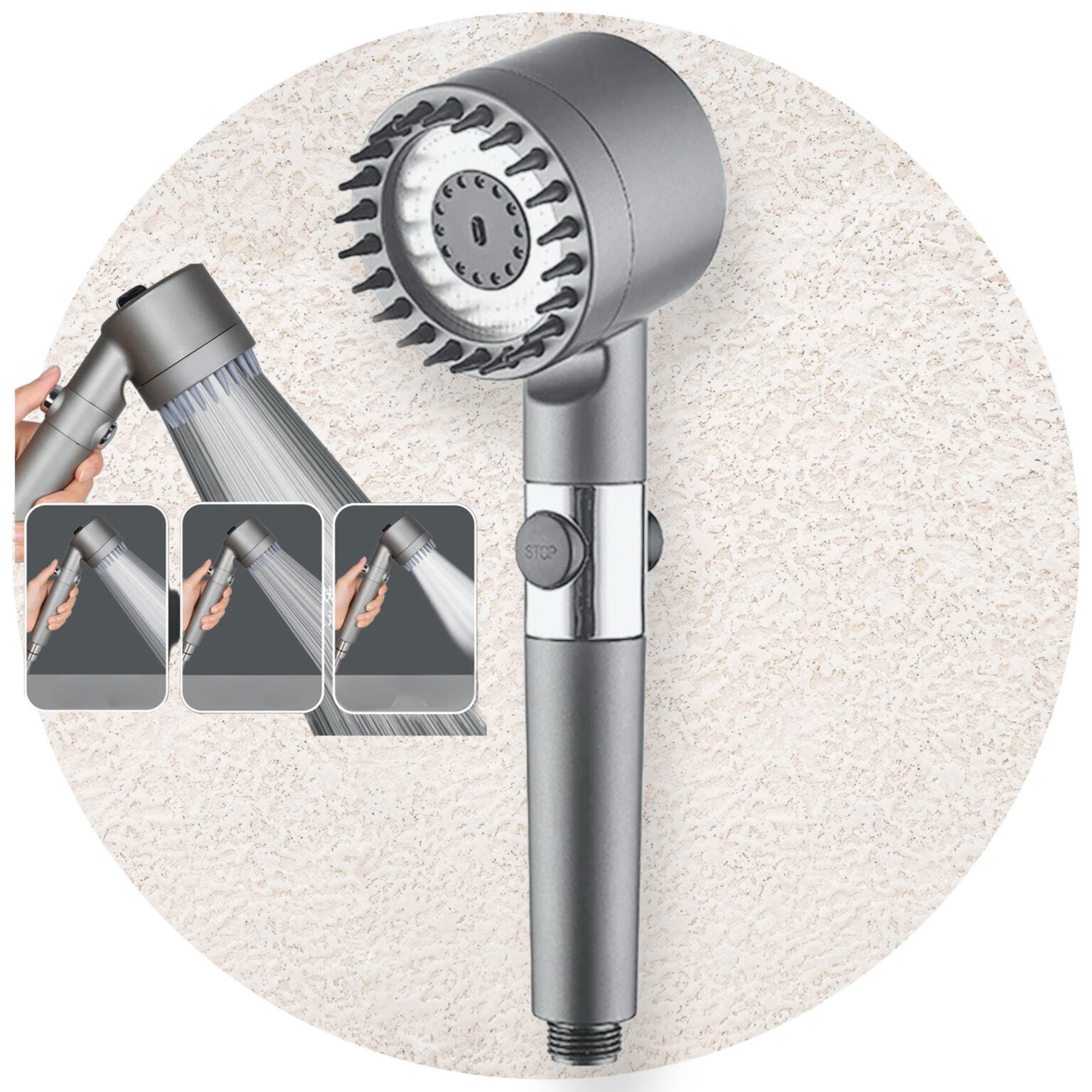 Cap de duș reglabil cu 3 moduri – Gri