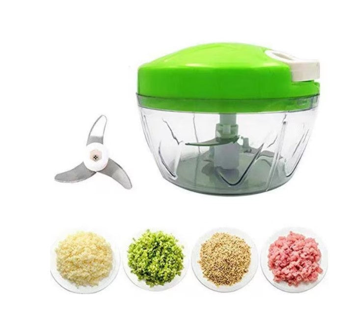 Tocator manual pentru legume cu 3 lame din inox și acționare cu snur, verde/alb