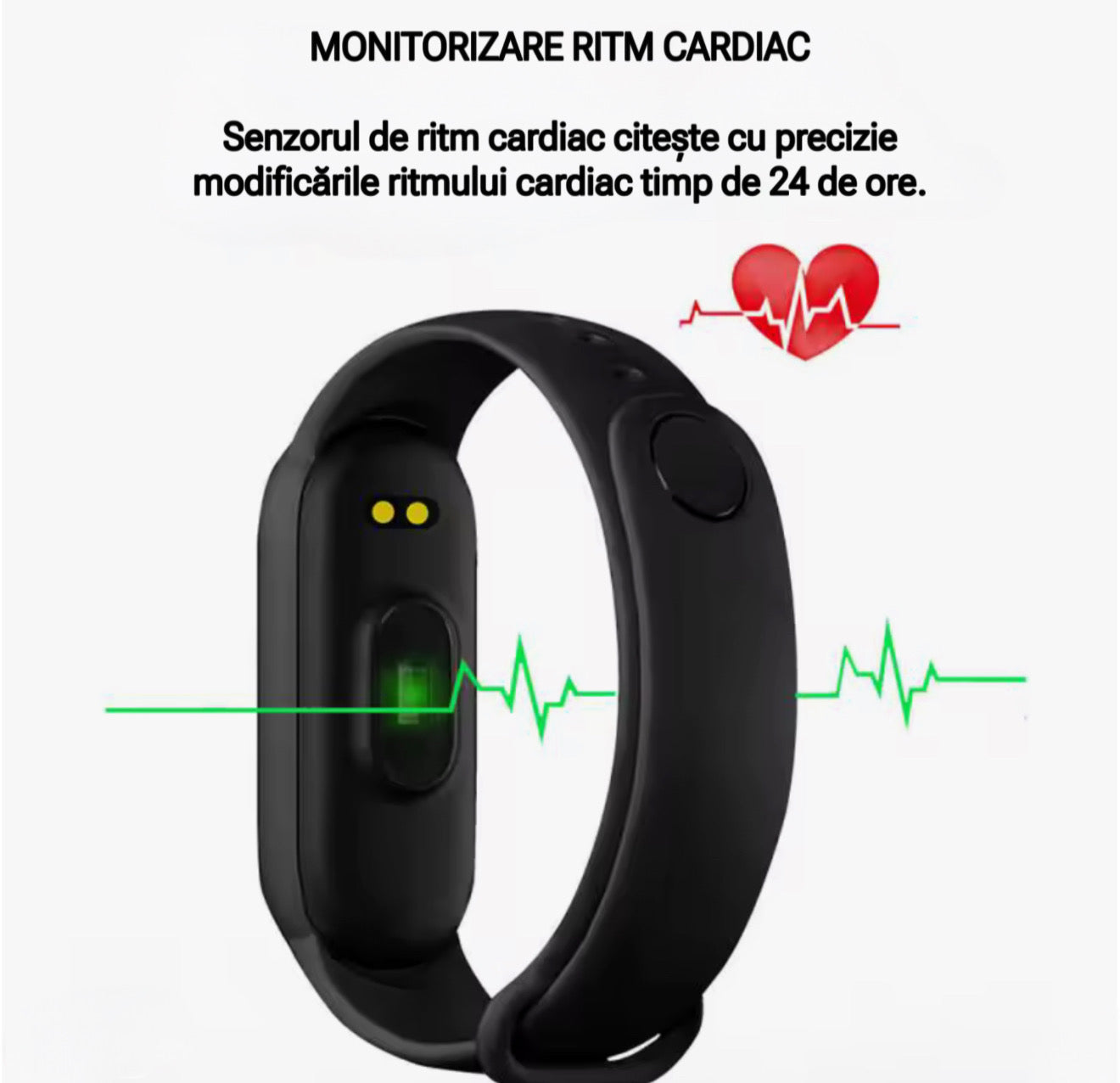 Brățară fitness neagră cu monitorizare puls și vibrații – display AMOLED 0.95 inch