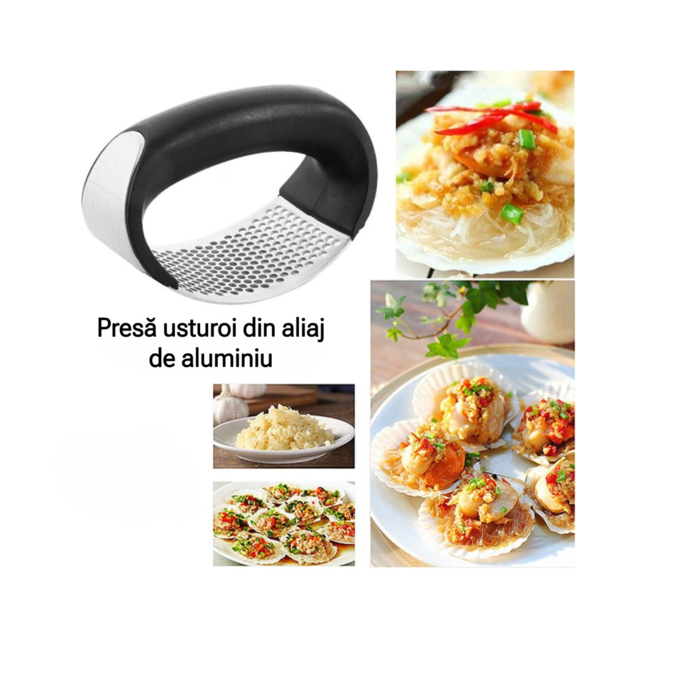 Presa pentru usturoi din oțel inoxidabil și silicon negru