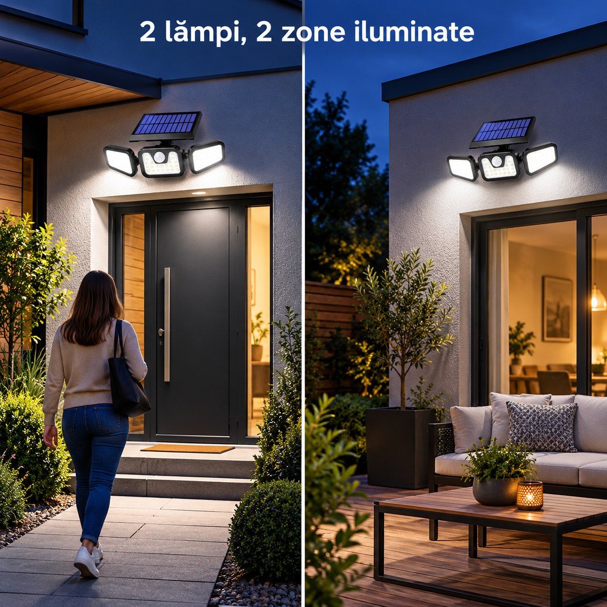 Pachet 2 lămpi solare LED pentru exterior, 74 LED-uri fiecare, 3 spoturi reglabile, senzor de mișcare și 3 moduri de iluminare